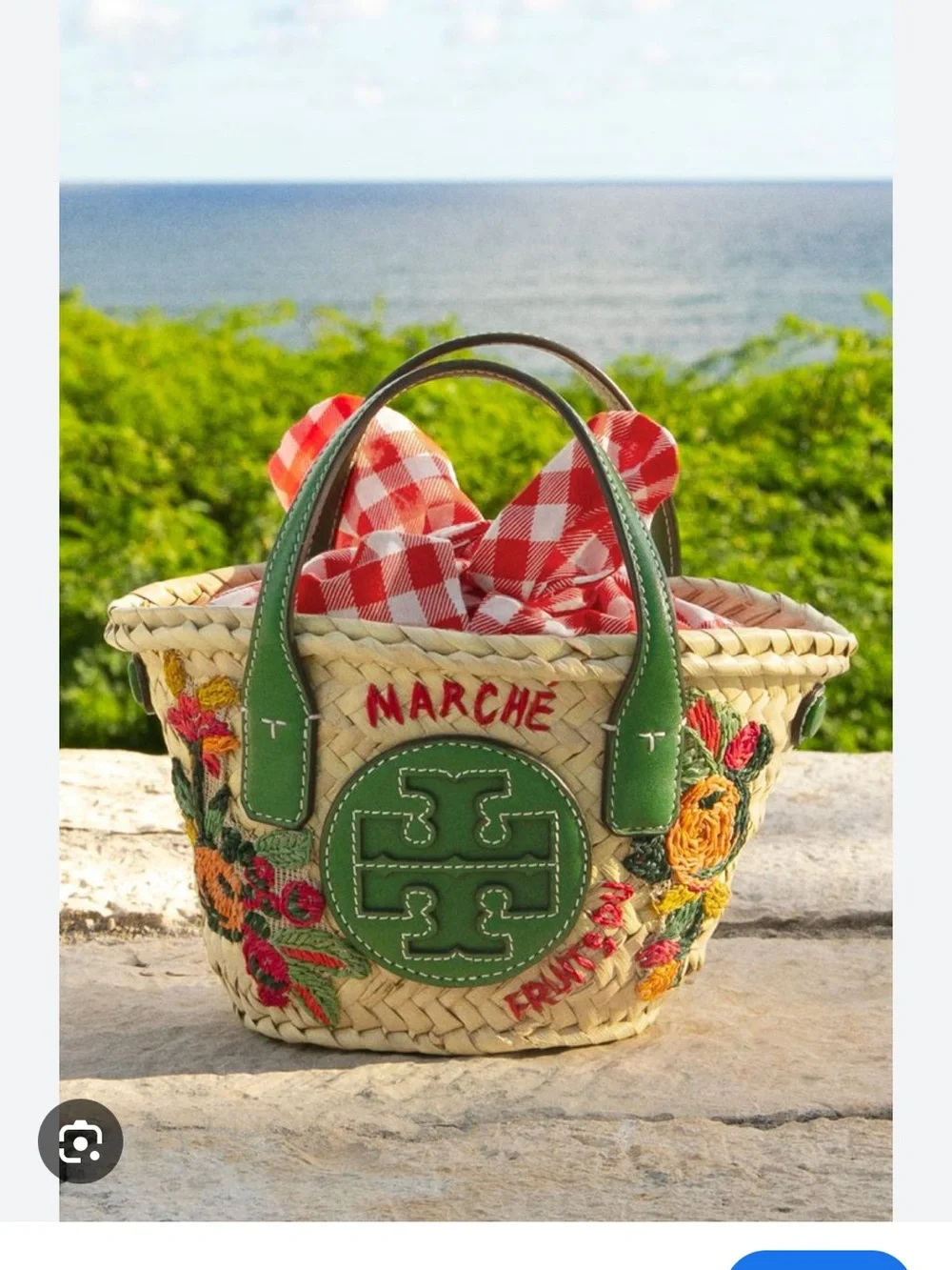 Tory Burch Green Trim Embroidered Woven Straw Tote with Red Gingham Accent